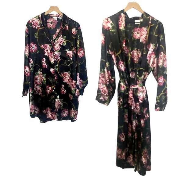 Kim Rogers SET of 2 Satin Robe and Sleep Shirt Dark Floral Roses Plus Size 1X** - Picture 1 of 16